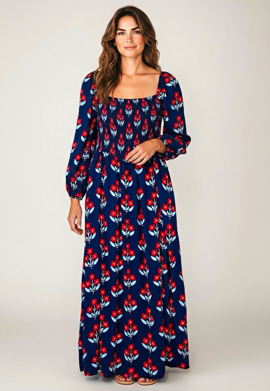 Boden Womens Blue Red Floral Square Neck Smocked Long Sleeve Pockets Maxi Sz 20
